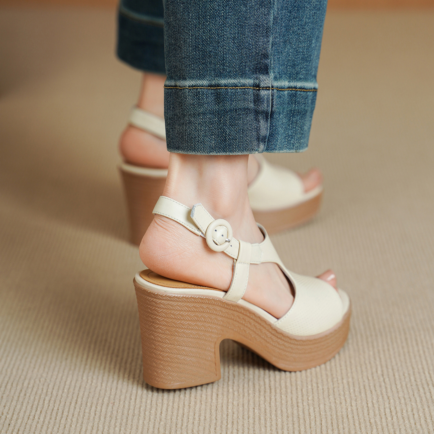 Handcrafted Full-Grain Lambskin Chunky Heel Platform Sandals, Women's Perforated Slingback Shoes - Image 6