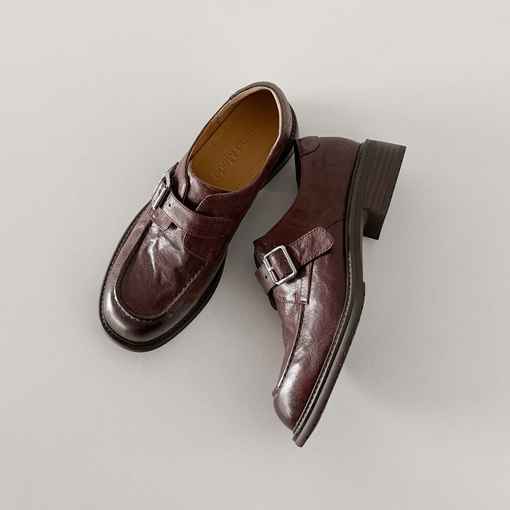 Women's Full-Grain Washed Leather Loafers, Handmade Buckle Monk Strap Low Heel Shoes