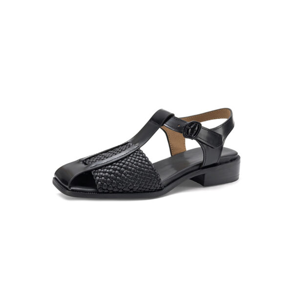 Women's Washed Full Grain Leather Woven T-Strap Sandals, Square Toe Block Heel Closed-Toe Shoes - Image 4
