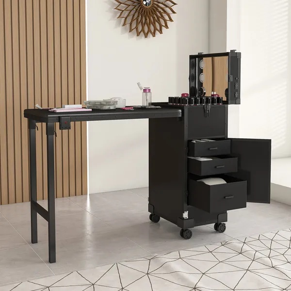 Portable Nail Art Table W& LED Mirror, Bluetooth, Lockable Drawers, Telescopic Pole - Folding Manicure Station For Salons - Black