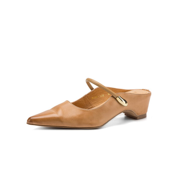 Women's Washed Full Grain Leather Pointed Toe Mary Jane Mules, Low Block Heel Slide Sandals - Image 17