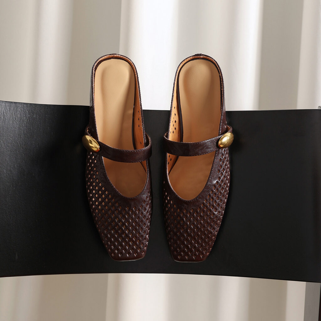 Women's Premium Full-Grain Sheepskin Perforated Mary Jane Mules, Low Block Heel Square Toe Slides