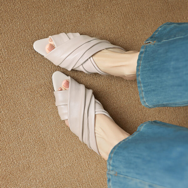 Women's Ruched Lambskin Slide Sandals, Square Toe Handmade Leather Flat Mules - Image 4