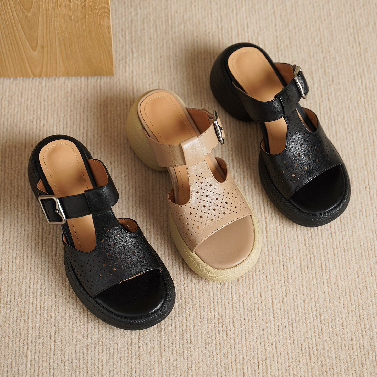 Premium Handmade Washed Leather Perforated Mule Sandals, Women's Chunky Platform T-Strap Slides - Image 3