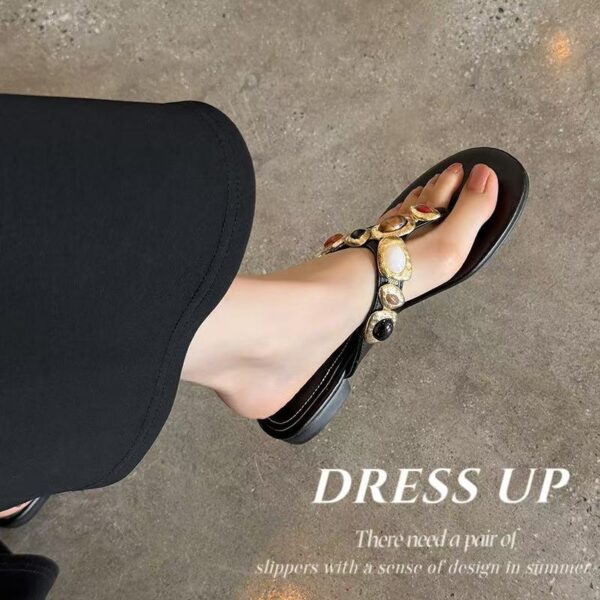 Women's Artisanal Full-Grain Leather Thong Sandals, Handcrafted Multi-Stone Embellished Flat Flip Flops - Image 3
