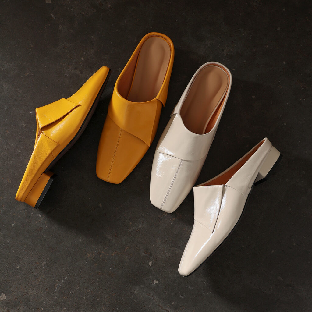 Vintage Washed Full-Grain Cowhide Fold-Over Mules, Ladies Square Toe Low Heel Backless Loafers