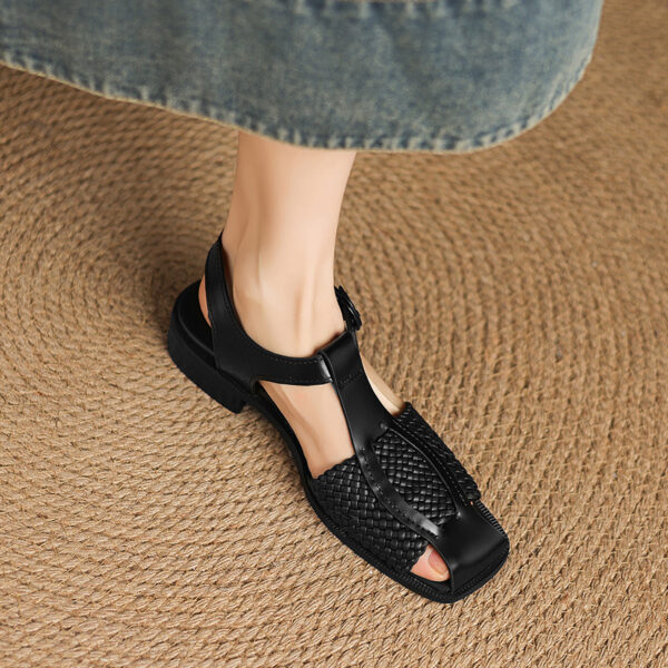 Women's Washed Full Grain Leather Woven T-Strap Sandals, Square Toe Block Heel Closed-Toe Shoes - Image 2