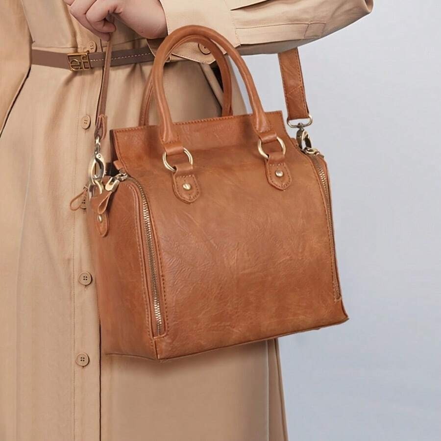 Ladies Vintage Tote Bag - Large Capacity Handbag With Multiple Pockets, Detachable Shoulder Strap And Wristlet, Snap Closure, Fashion Accessory ,Vintage Design, Glossy Finish, Perfect Valentine