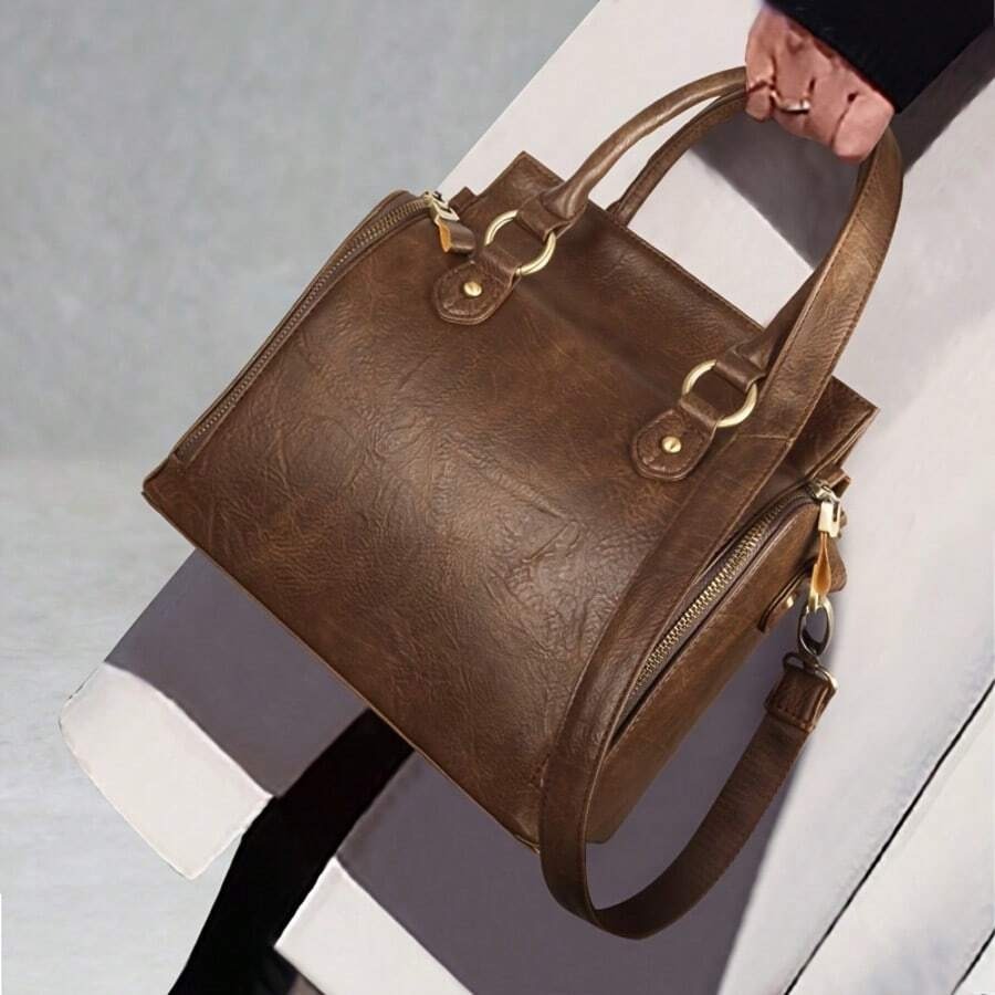 Ladies Vintage Tote Bag - Large Capacity Handbag With Multiple Pockets, Detachable Shoulder Strap And Wristlet, Snap Closure, Fashion Accessory ,Vintage Design, Glossy Finish, Perfect Valentine
