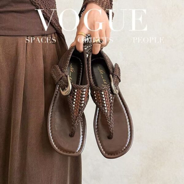 Women's Handwoven Cowhide Thong Sandals, Full-Grain Leather Ankle Buckle Flat Shoes