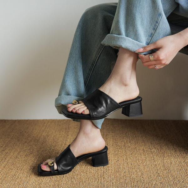 Women's Premium Full-Grain Lambskin Slide Sandals, Handmade Vintage Metal Decor Square Toe Block Heel Mules - Image 4