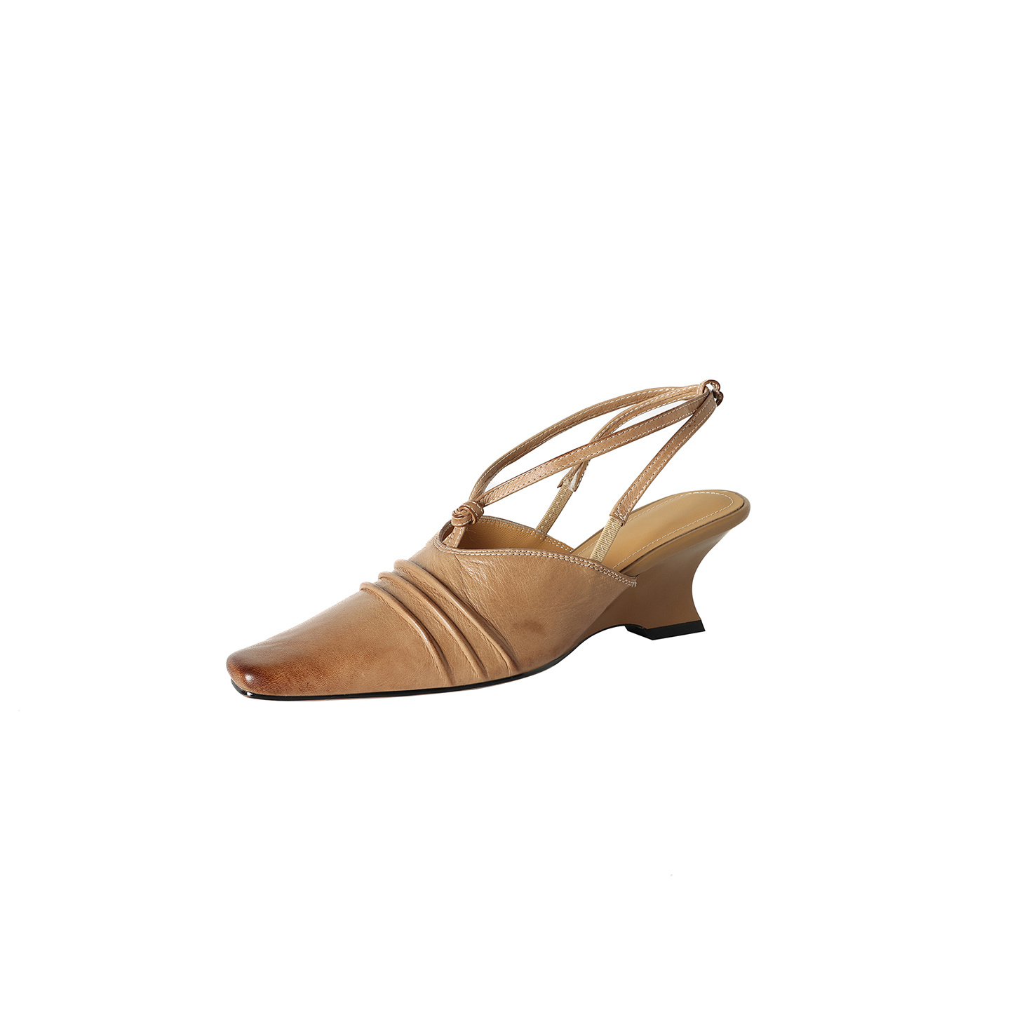 Premium Handmade Washed Leather Wedge Sandals, Women's Knotted Slingback Square Toe Shoes - Image 2