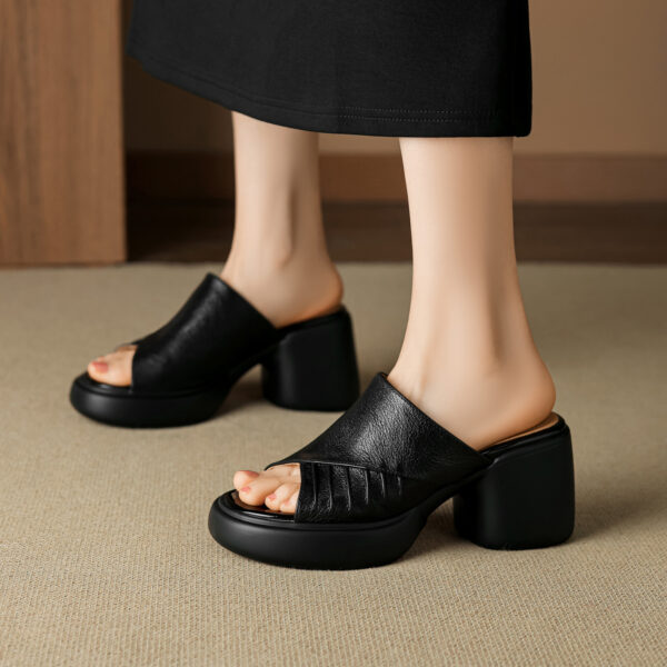 Soft Genuine Lambskin Ruched Block Heel Slides, Ladies Open-Toe Leather Mules - Image 1