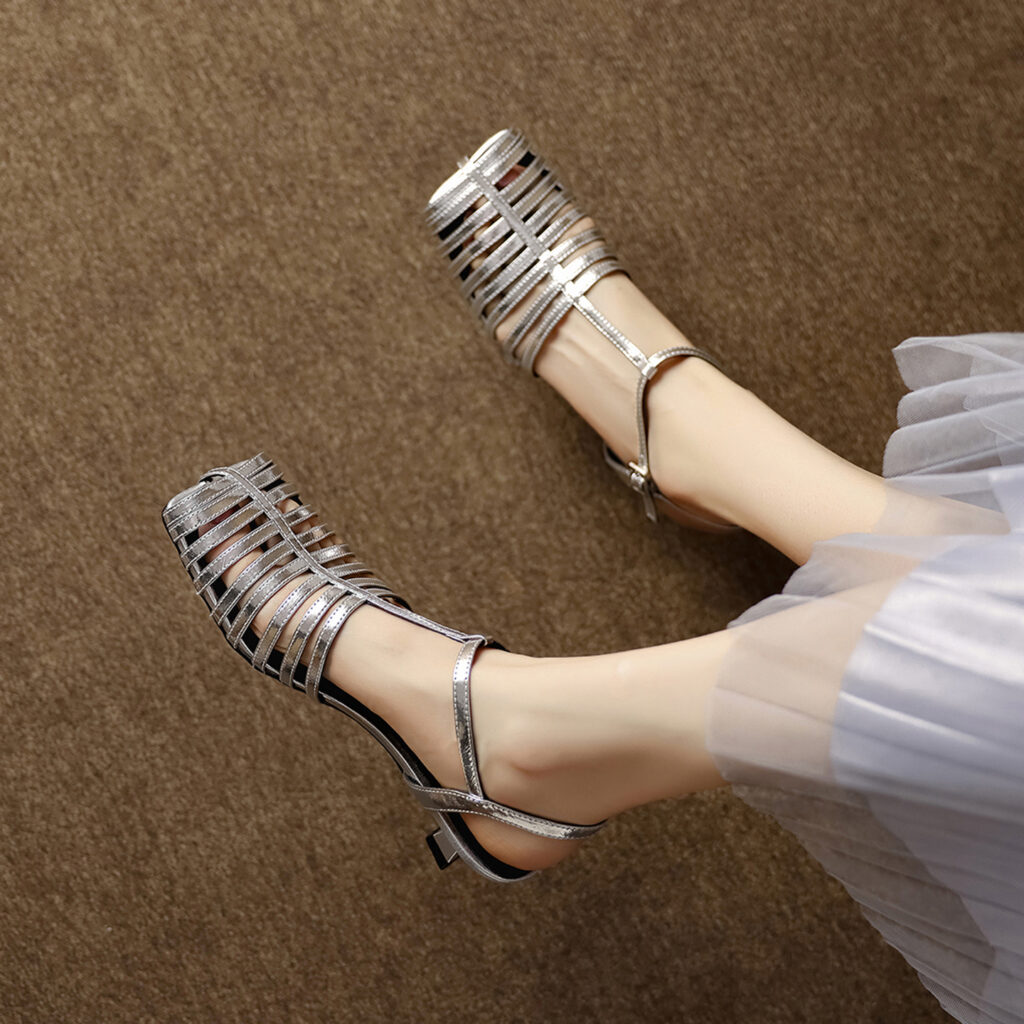 Women's Washed Genuine Lambskin Cage Sandals, T-Strap Slingback Kitten Heel Shoes