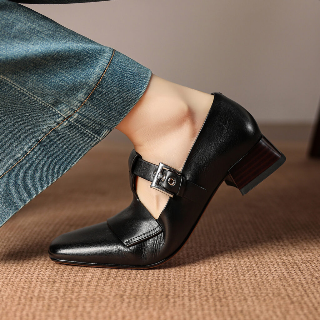 Women's Handmade Washed Full-Grain Leather Mary Jane Shoes, Vintage Square Toe T-Strap Buckle Low Block Heel Pumps