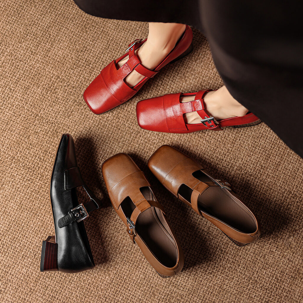 Women's Handmade Washed Full-Grain Leather Mary Jane Shoes, Vintage Square Toe T-Strap Buckle Low Block Heel Pumps