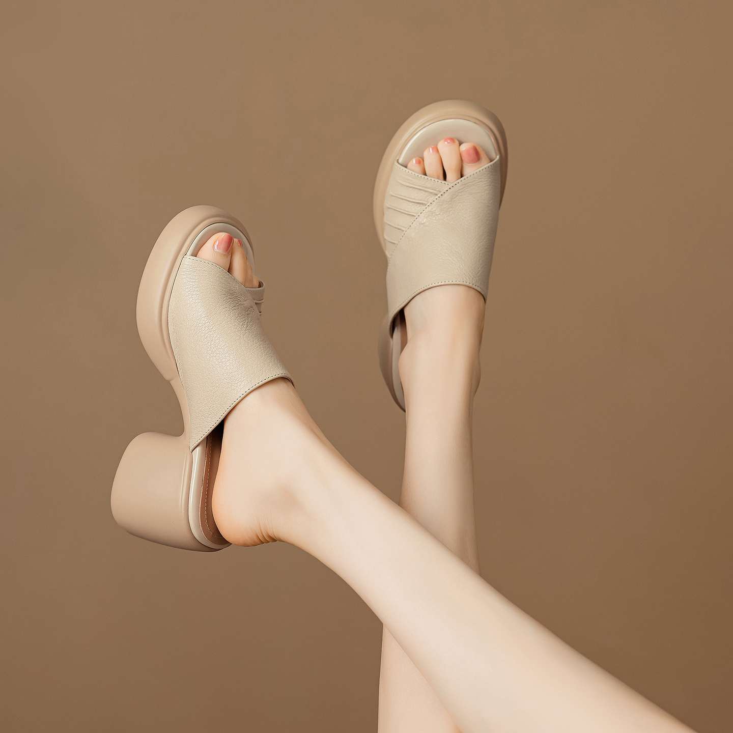 Soft Genuine Lambskin Ruched Block Heel Slides, Ladies Open-Toe Leather Mules - Image 9