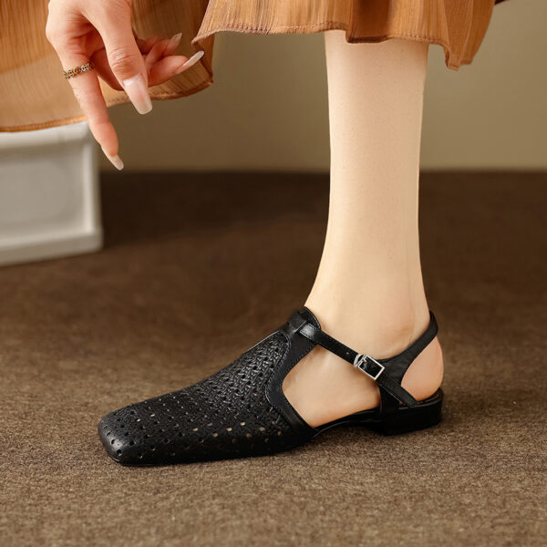 Women's Washed Full Grain Leather Slingback Sandals, Perforated T-Strap Closed-Toe Flat Shoes - Image 3