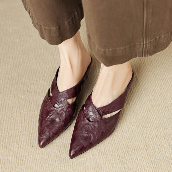 Women's Full-Grain Lambskin Pointed Toe Mules, Handmade Leather Crisscross Low Heel Slides - Image 5