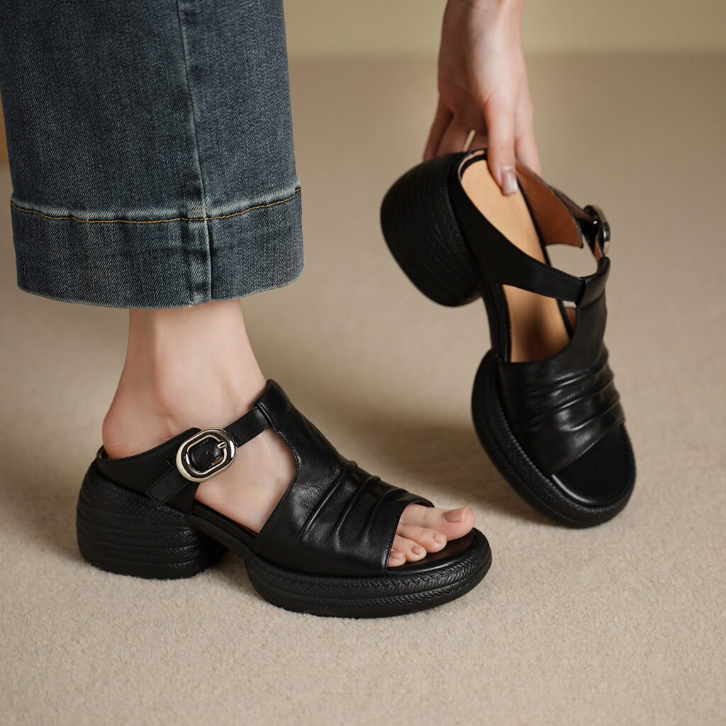 Women's Handcrafted Full-Grain Leather Ruched T-Strap Platform Mule Sandals, Chunky Heel Slides With Buckle
