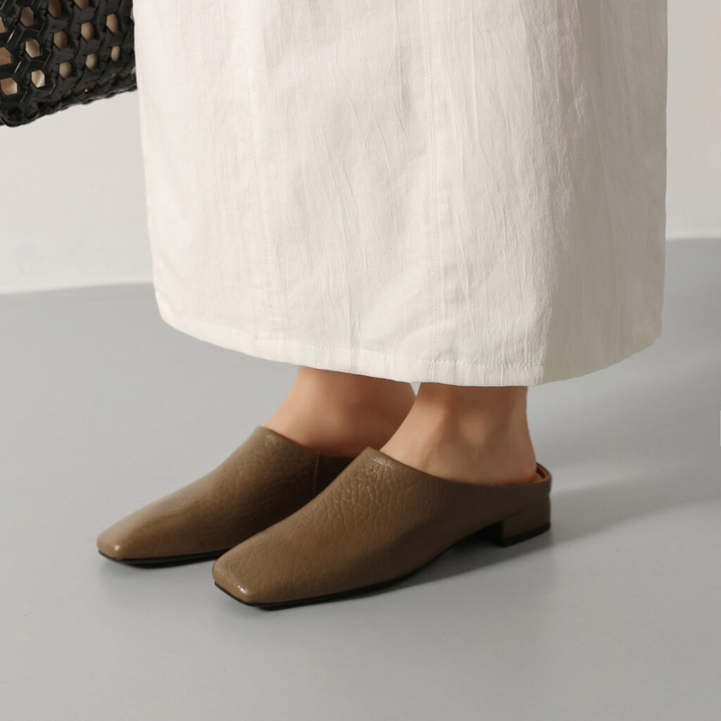 Women's Premium Full-Grain Cowhide Square Toe Mules, Low Block Heel Slip-On Backless Shoes