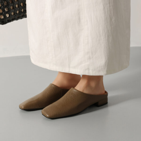 Women's Premium Full-Grain Cowhide Square Toe Mules, Low Block Heel Slip-On Backless Shoes - Image 5