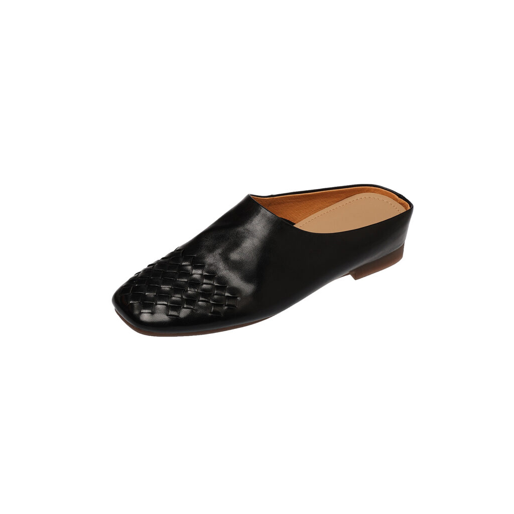 Women's Hand-Woven Washed Full Grain Leather Mules, Square Toe Slip-On Backless Loafers