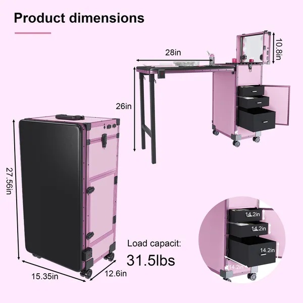 Portable Nail Art Table W & LED Mirror, Bluetooth, Lockable Drawers, Telescopic Pole - Folding Manicure Station For Salons - Pink - Image 6