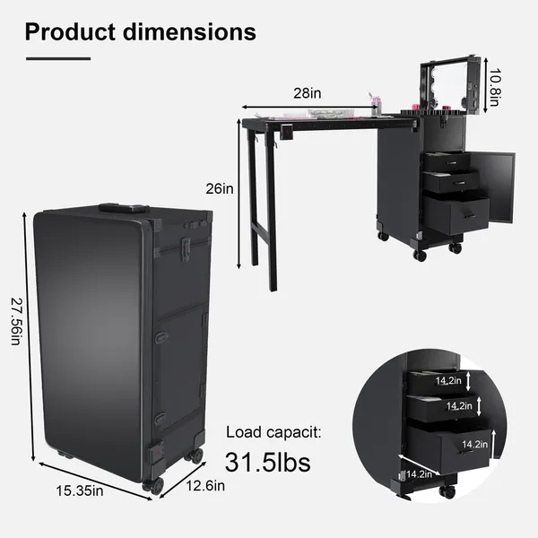 Portable Nail Art Table W& LED Mirror, Bluetooth, Lockable Drawers, Telescopic Pole - Folding Manicure Station For Salons - Black - Image 6