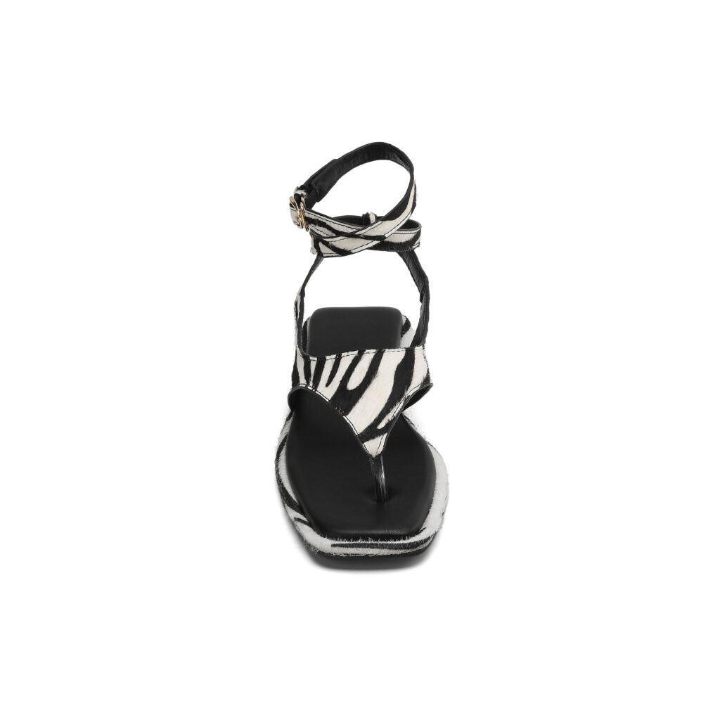 Women's Zebra Print Calf Hair Flat Sandals, Handmade Leather Thong Ankle Strap Shoes