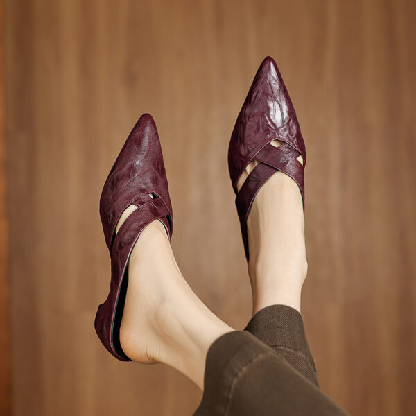 Women's Full-Grain Lambskin Pointed Toe Mules, Handmade Leather Crisscross Low Heel Slides - Image 6