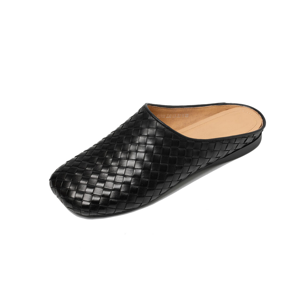 Women's Handwoven Full-Grain Leather Mules, Premium Cowhide Square Toe Slip-On Slides