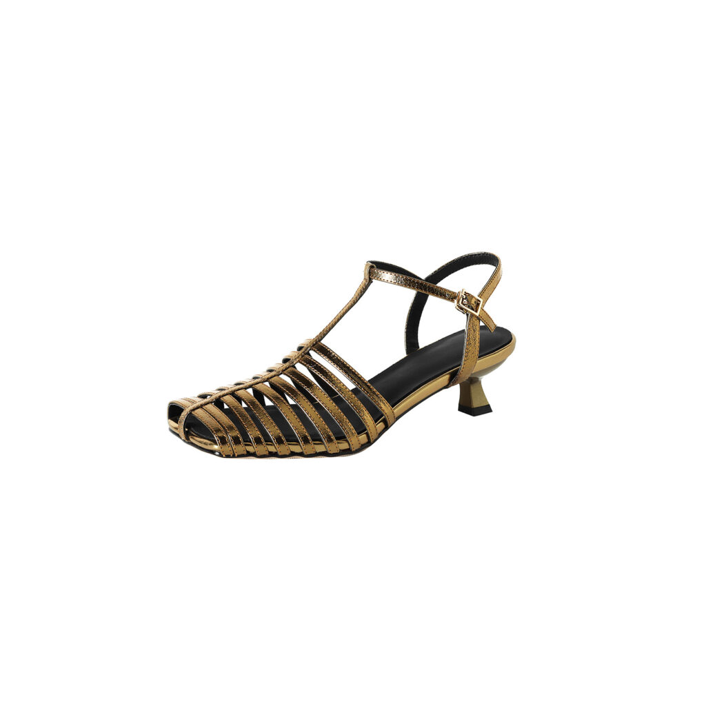 Women's Washed Genuine Lambskin Cage Sandals, T-Strap Slingback Kitten Heel Shoes
