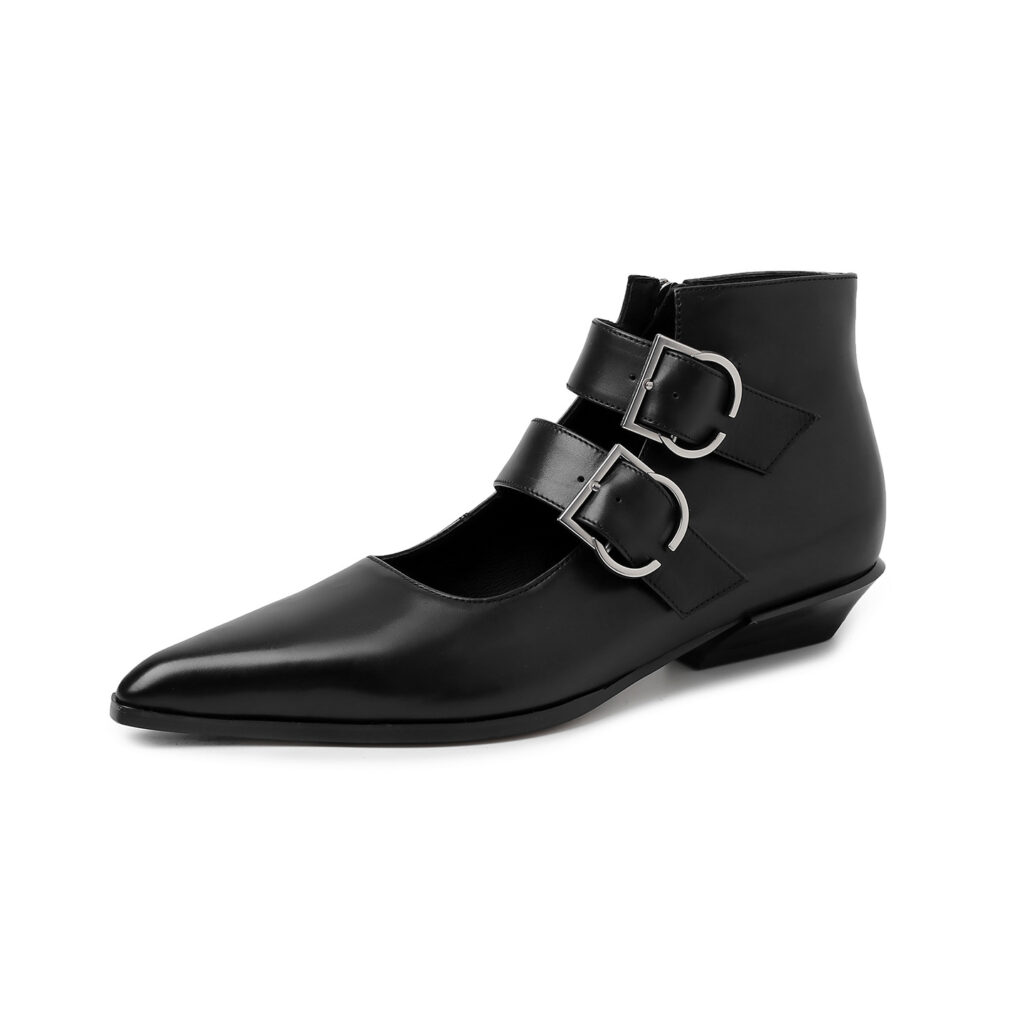 Women's Handmade Full-Grain Leather Mary Jane Ankle Boots, Pointed Toe Double Buckle Low Heel Booties