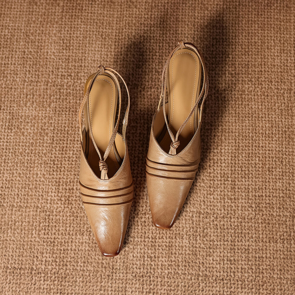 Premium Handmade Washed Leather Wedge Sandals, Women's Knotted Slingback Square Toe Shoes