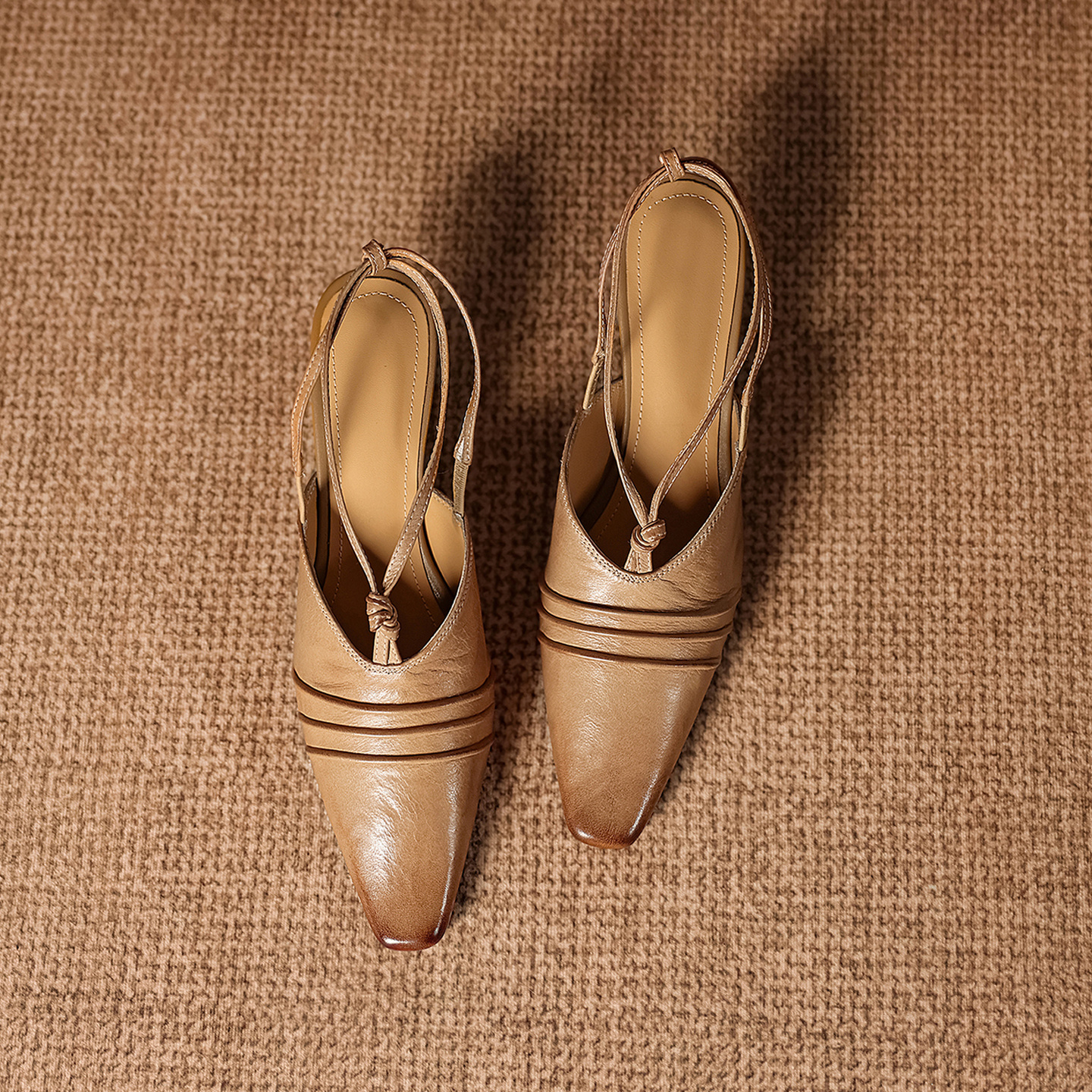 Premium Handmade Washed Leather Wedge Sandals, Women's Knotted Slingback Square Toe Shoes - Image 4