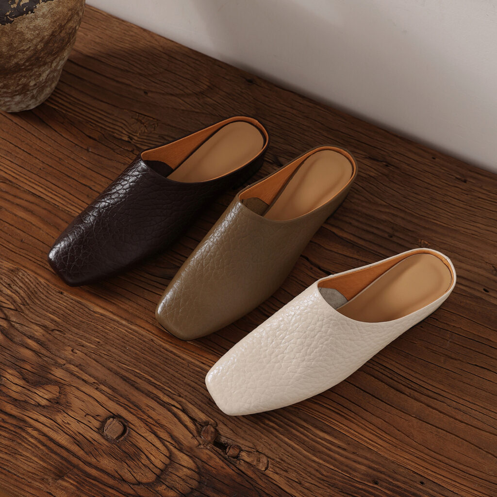 Women's Premium Full-Grain Cowhide Square Toe Mules, Low Block Heel Slip-On Backless Shoes