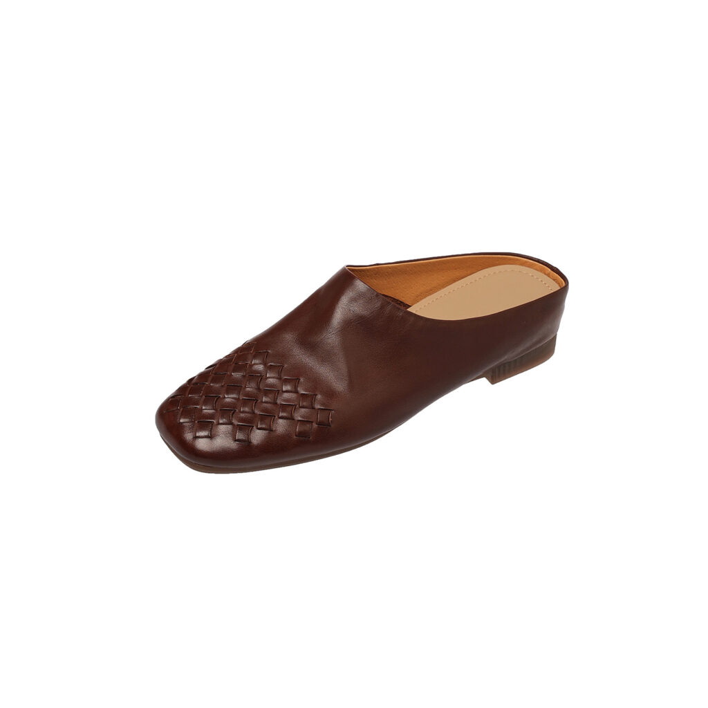 Women's Hand-Woven Washed Full Grain Leather Mules, Square Toe Slip-On Backless Loafers