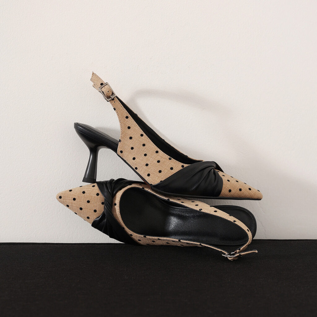 Women's Polka Dot Slingback Heels, Pointed Toe Genuine Lambskin Slingback Pumps
