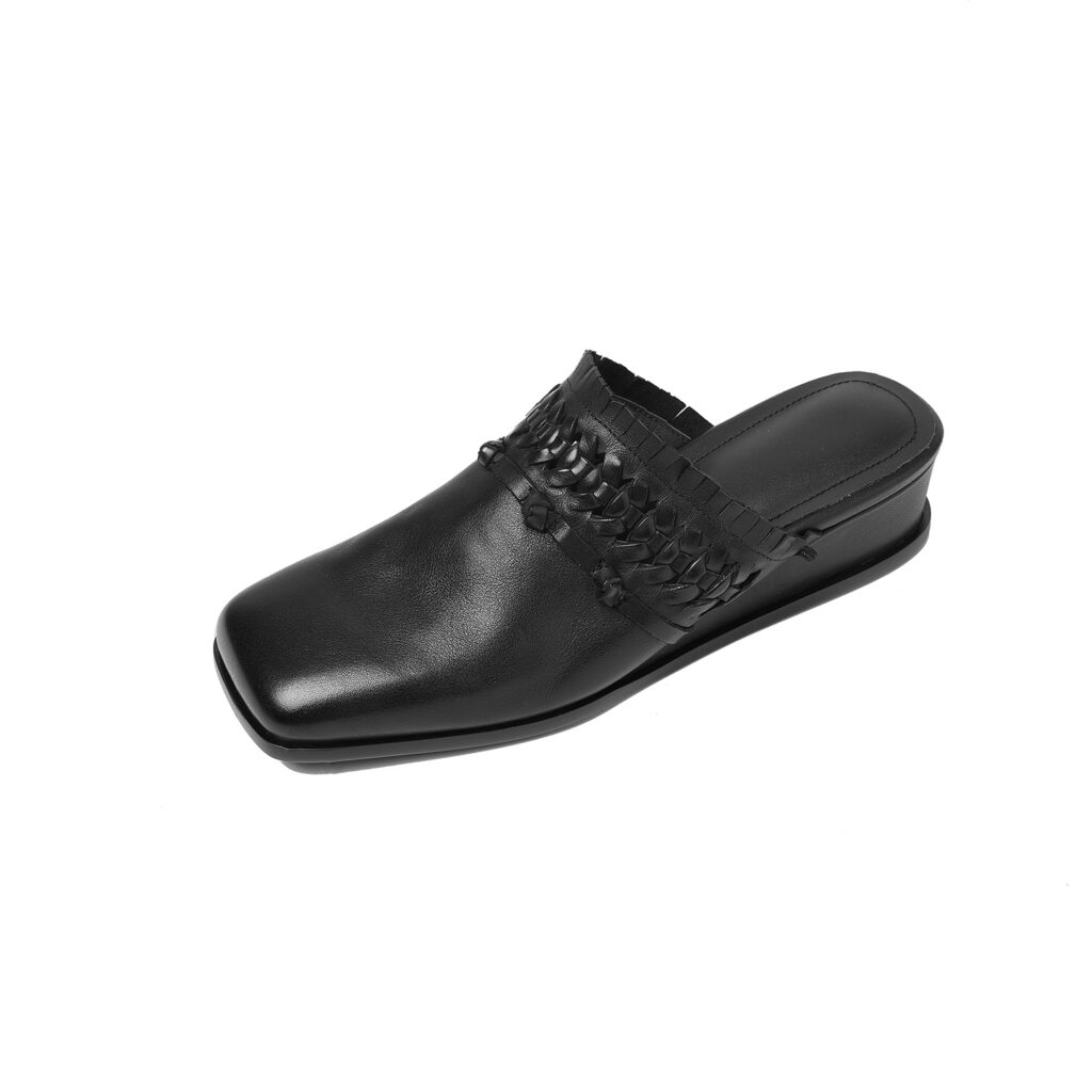 Women's Washed Full-Grain Leather Wedge Mules, Handwoven Cowhide Square Toe Slides