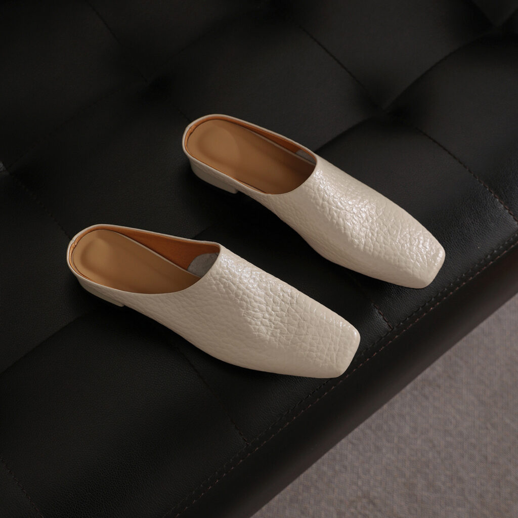 Women's Premium Full-Grain Cowhide Square Toe Mules, Low Block Heel Slip-On Backless Shoes