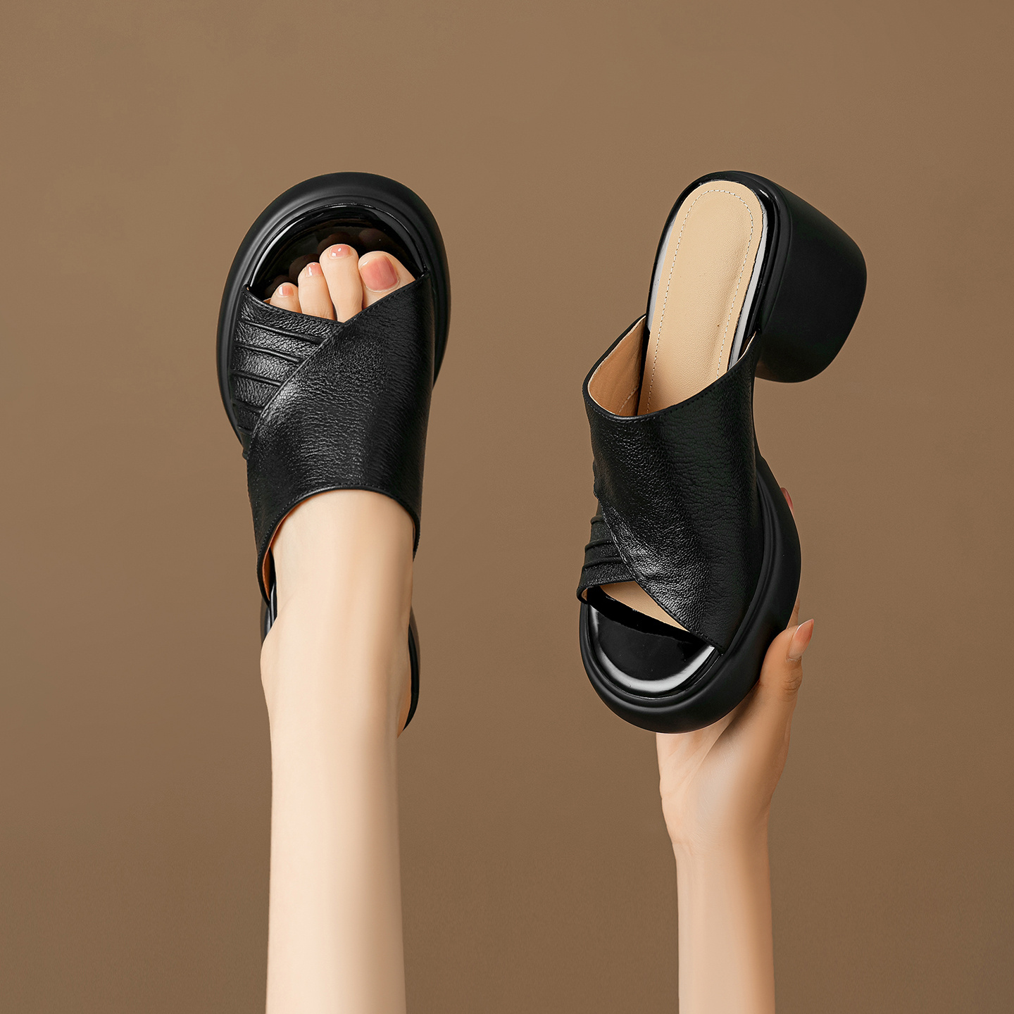 Soft Genuine Lambskin Ruched Block Heel Slides, Ladies Open-Toe Leather Mules - Image 4