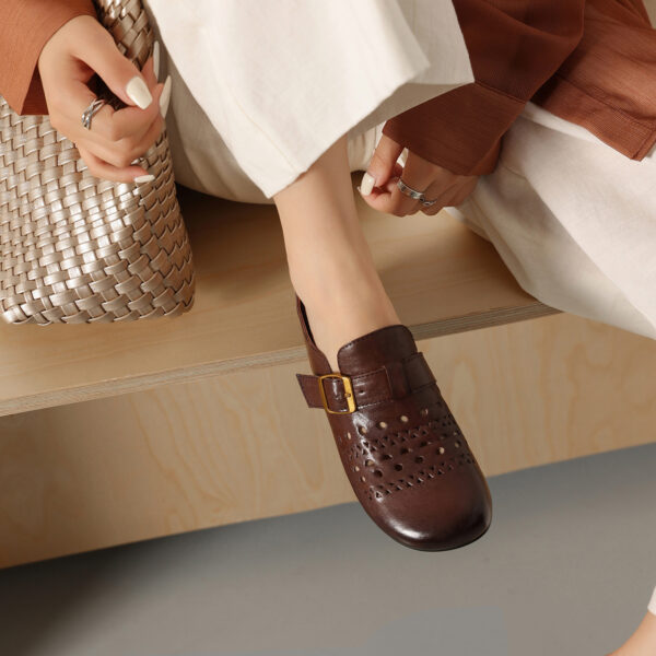 Women's Handcrafted Washed Full-Grain Cowhide Perforated Buckle Mules, Round Toe Flat Backless Slides - Image 10