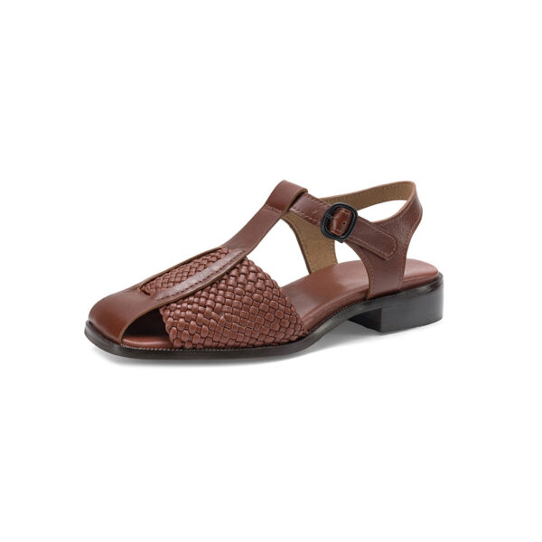 Women's Washed Full Grain Leather Woven T-Strap Sandals, Square Toe Block Heel Closed-Toe Shoes - Image 5