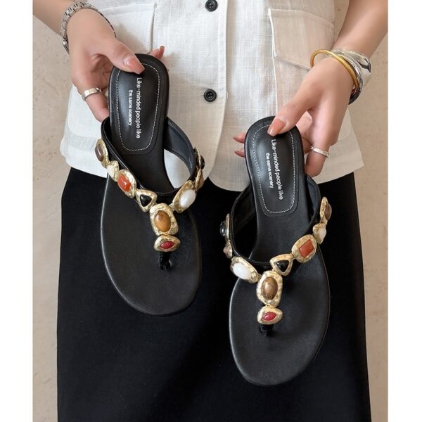 Women's Artisanal Full-Grain Leather Thong Sandals, Handcrafted Multi-Stone Embellished Flat Flip Flops - Image 5