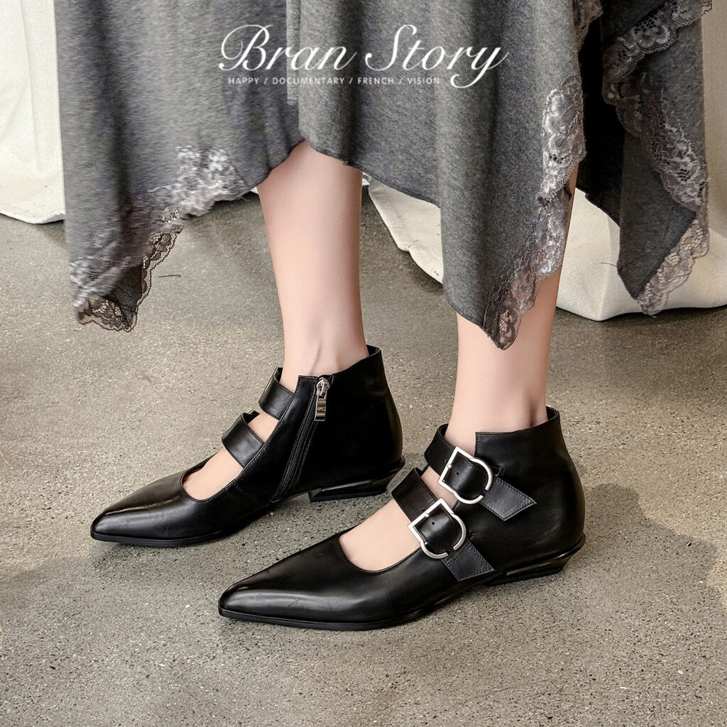 Women's Handmade Full-Grain Leather Mary Jane Ankle Boots, Pointed Toe Double Buckle Low Heel Booties