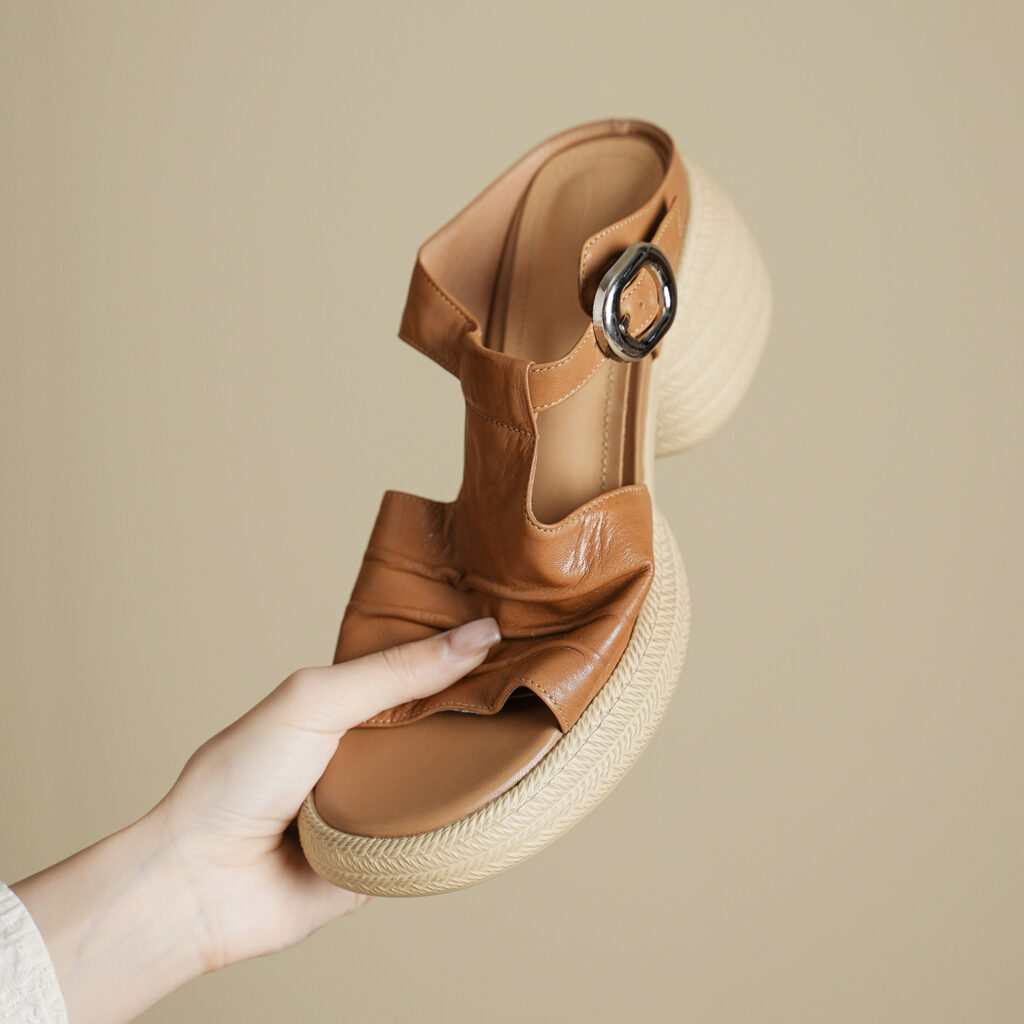 Women's Handcrafted Full-Grain Leather Ruched T-Strap Platform Mule Sandals, Chunky Heel Slides With Buckle