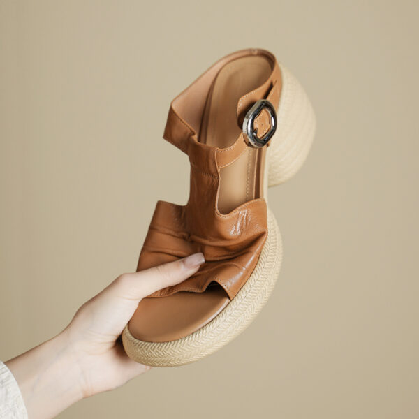 Women's Handcrafted Full-Grain Leather Ruched T-Strap Platform Mule Sandals, Chunky Heel Slides With Buckle - Image 8