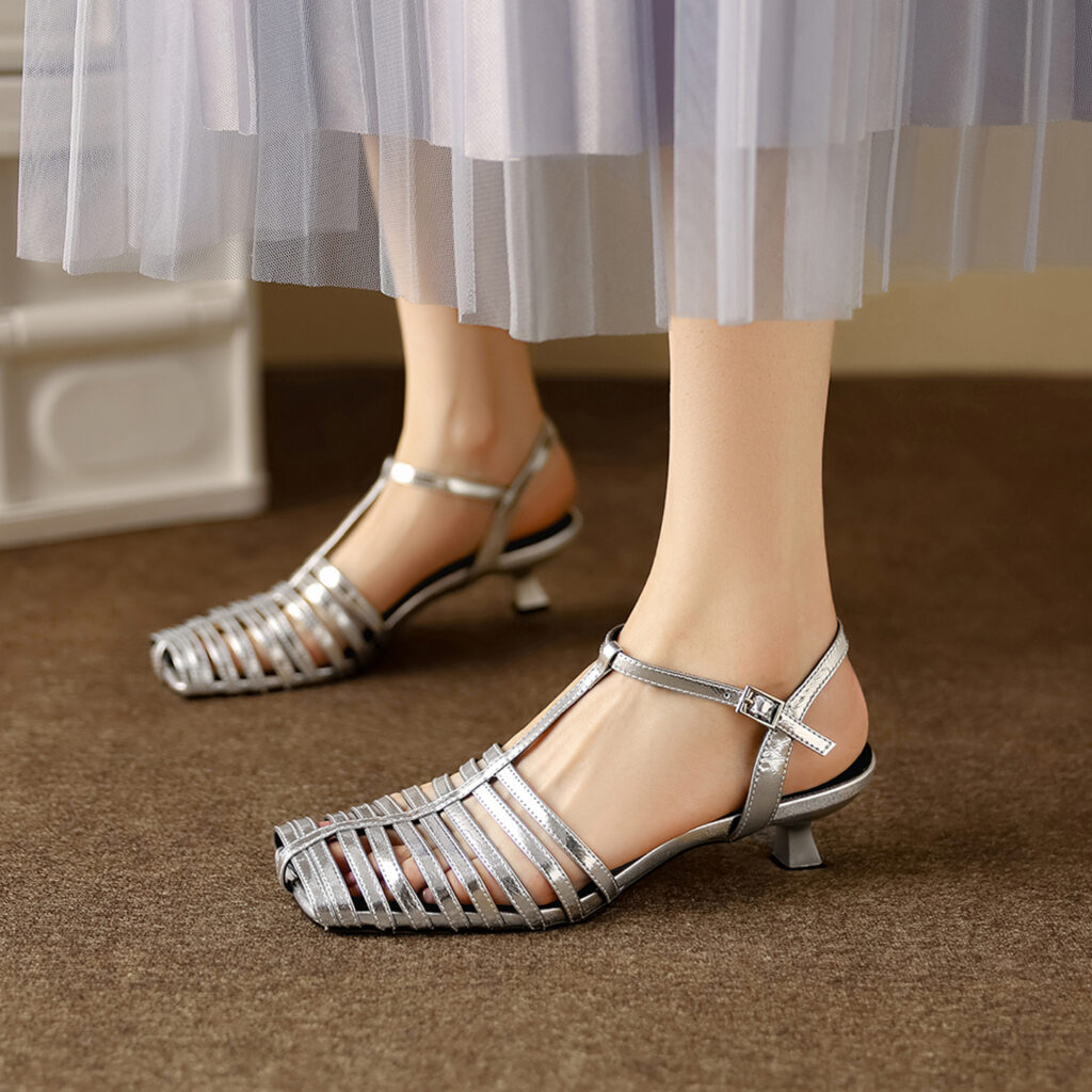 Women's Washed Genuine Lambskin Cage Sandals, T-Strap Slingback Kitten Heel Shoes