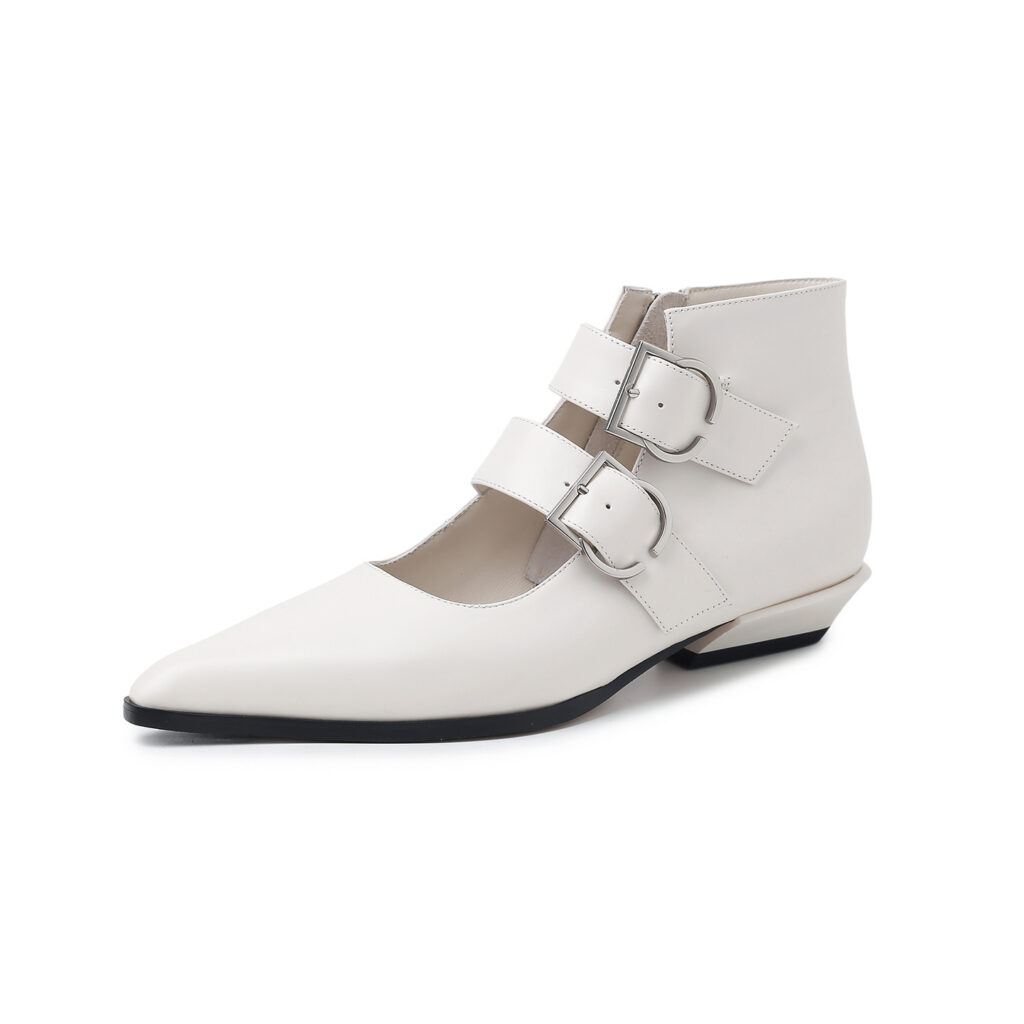 Women's Handmade Full-Grain Leather Mary Jane Ankle Boots, Pointed Toe Double Buckle Low Heel Booties